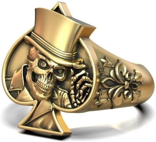 Leaf Art Deco Heraldic Lily Flower Joker Playing Card Spades Skull Ring 14K Gold Plated Gothic Gamblers Men Signet Card Ring Oxidized 925 Sterling Silver Handcrafted Skull Card Spade Ring Gift For Him