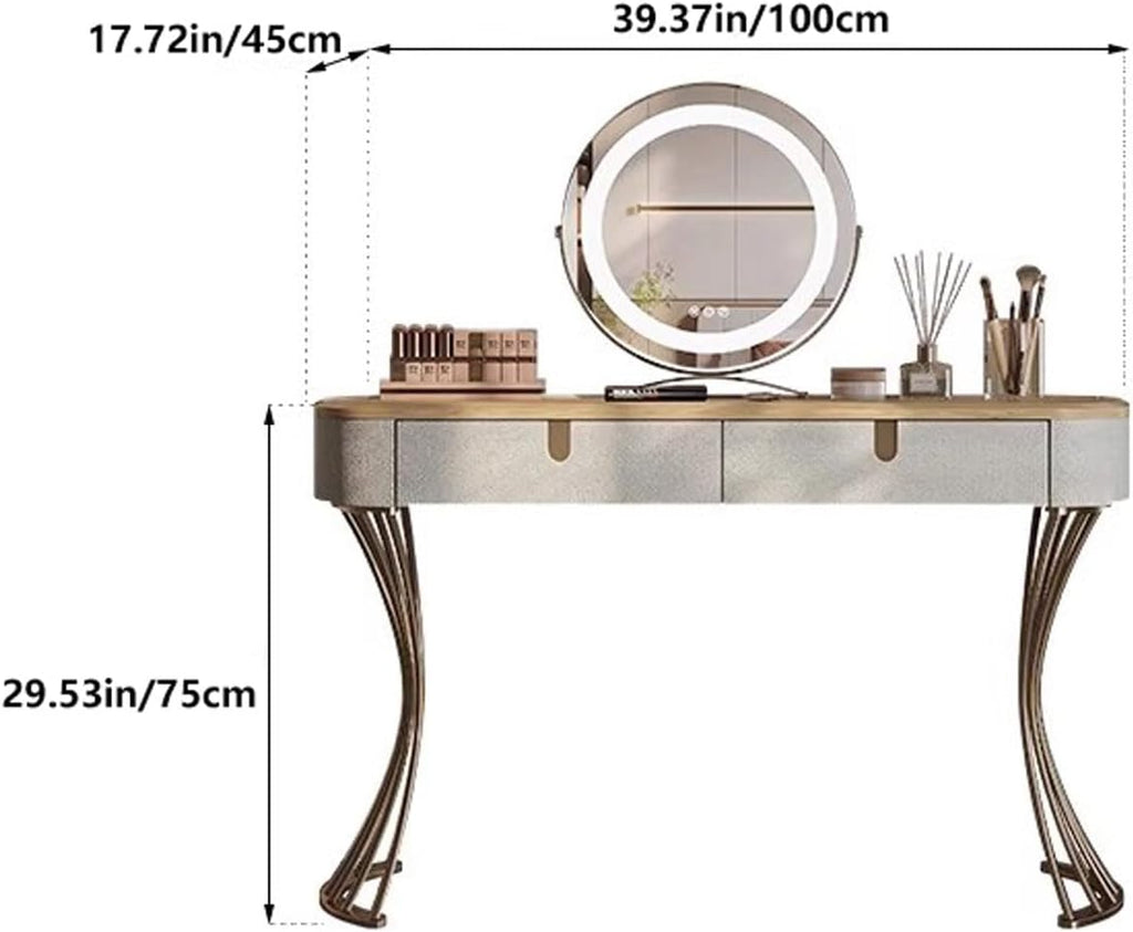 Thick Table Top Vanity Desk with Mirror Tri-Colour Lighting Creative Design Mirror Stainless Steel Stand Solid Wood Frame Makeup Table