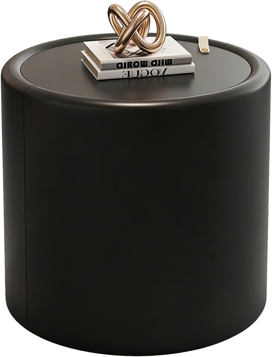 Black Round End Table with Tempered Glass Top, PU Leather Accent Side Table with Hidden Storage, No Assembly Required Modern Coffee Tables for Living Room