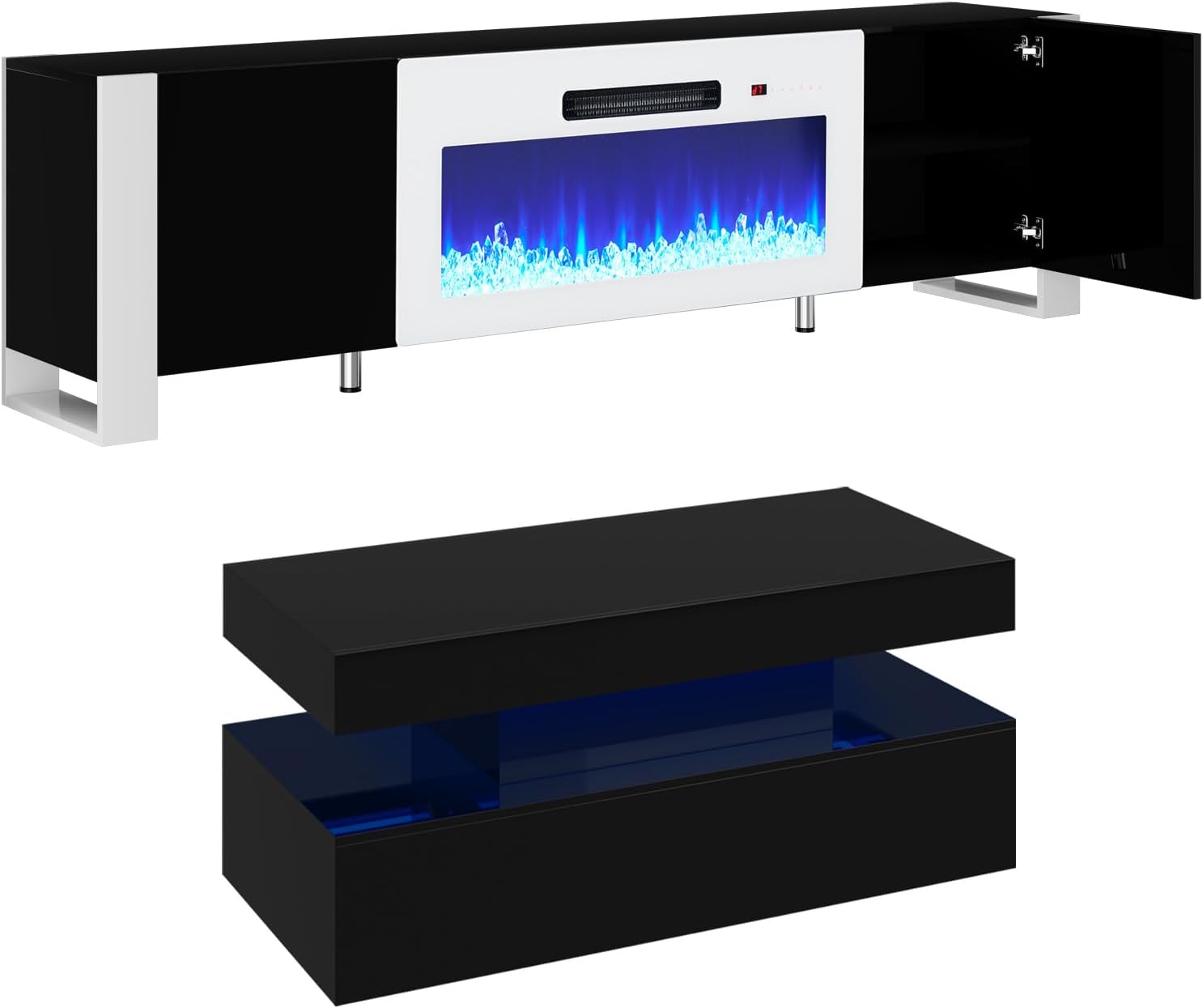 VanAcc 3-Piece Modern Living Room Table Sets, 70' Modern LED TV Stand with 36' Electric Fireplace, High Gloss Coffee Tables for Living Room, Black & White