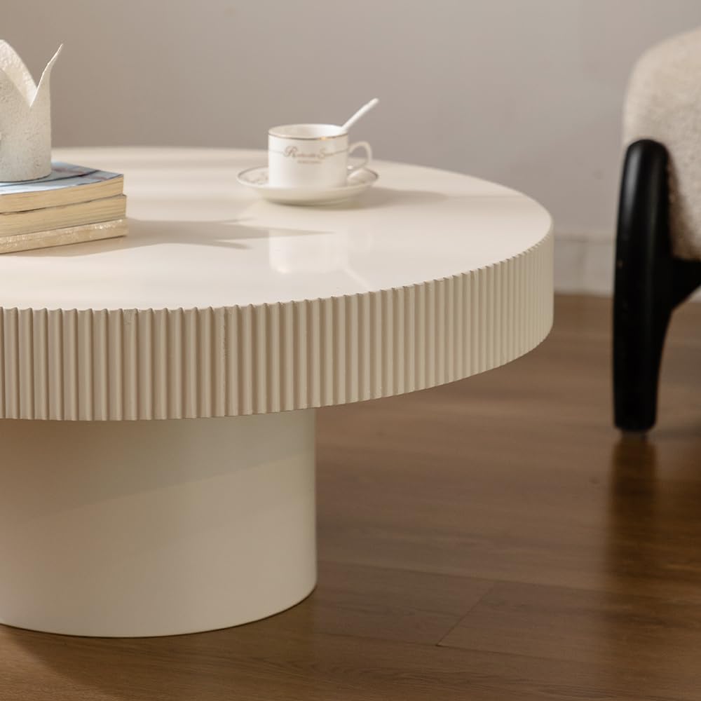 Round Fluted Coffee Table Round Drum Coffee Table for Living Room Modern Circular Pedestal Center Table (Circle Ivory White 30.7in)