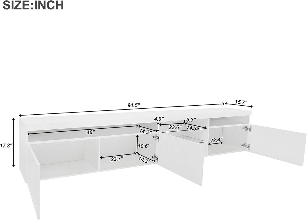 Ball & Cast Modern TV Stand for TVs up to 105 inch, 95' Entertainment Center with LED Lights and 2 Open Glass Shelves, Media Console w/Storage Cabinets for Living Room, Bedroom, White