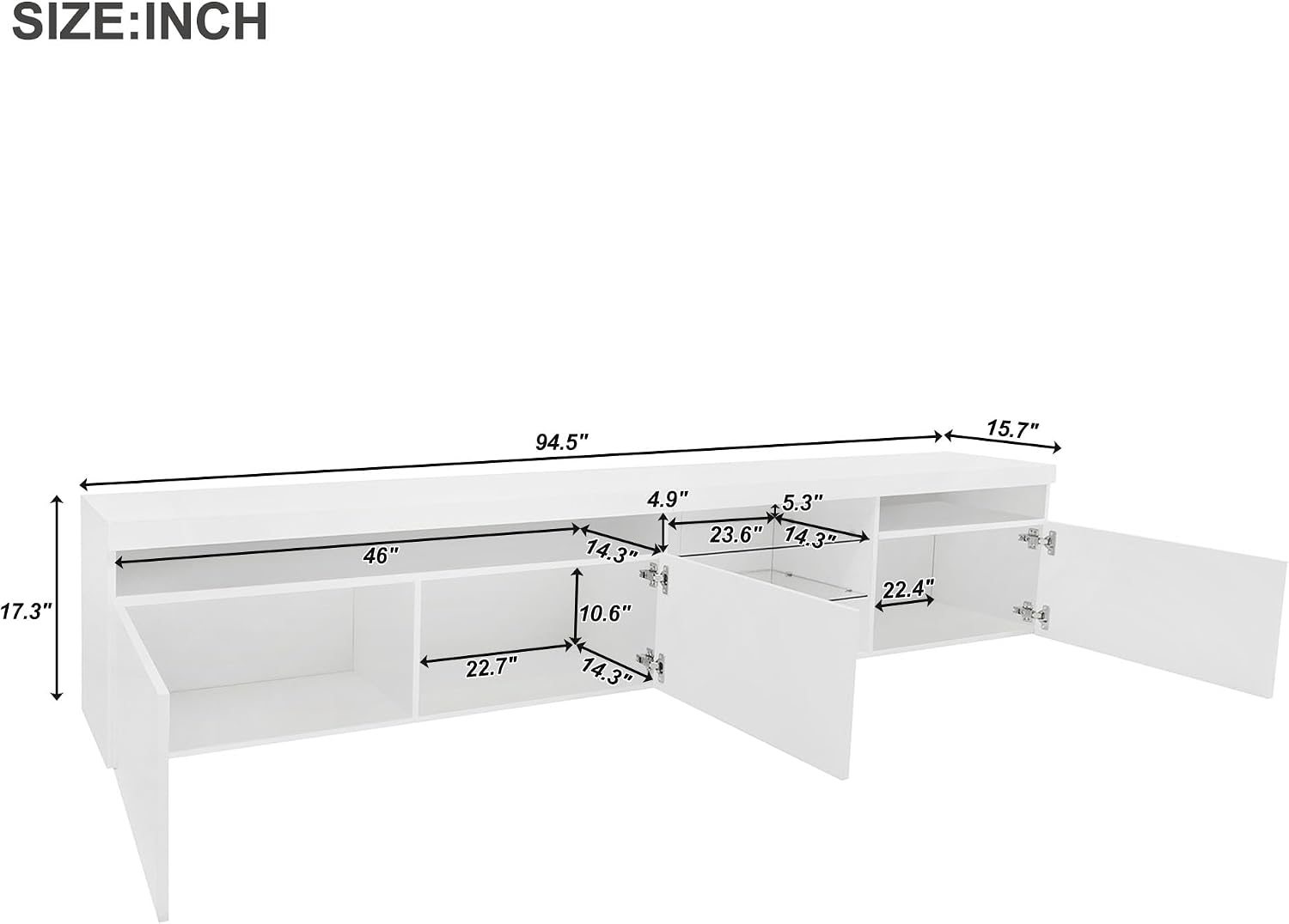 Ball & Cast Modern TV Stand for TVs up to 105 inch, 95' Entertainment Center with LED Lights and 2 Open Glass Shelves, Media Console w/Storage Cabinets for Living Room, Bedroom, White