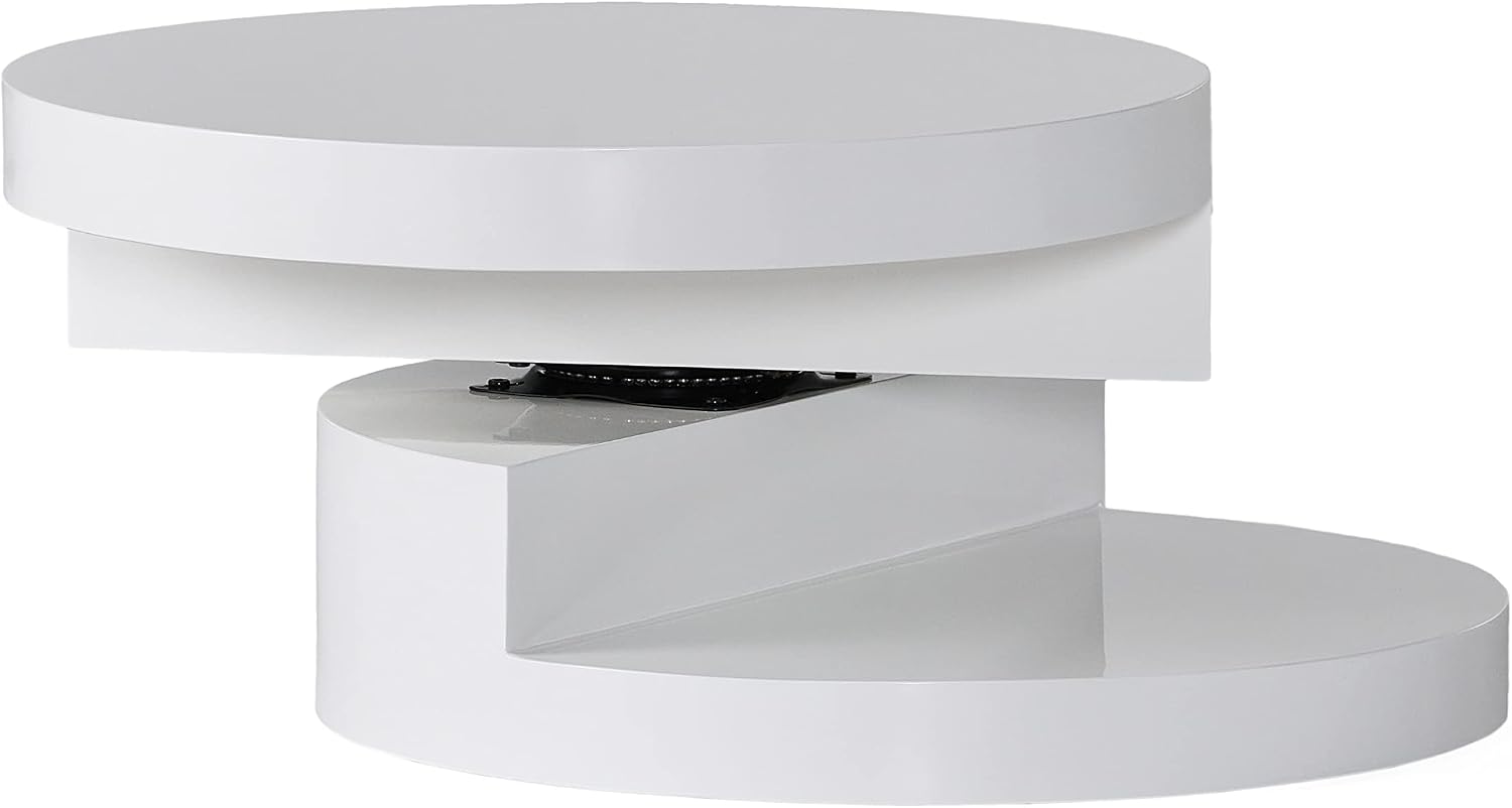 Modern Round White Coffee Table, 2-Tier Rotatable, Small, Easy Assembly, Contemporary Side Table, End Table for Living Room, 23.6'' x 13''