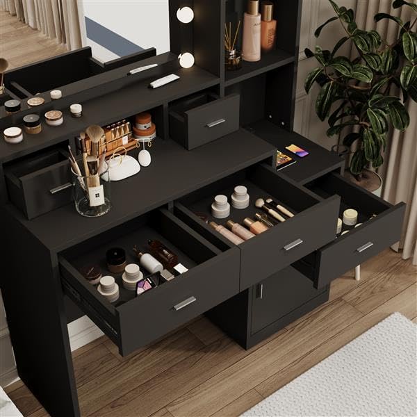 Vanity Desk with Mirror and Lights - Black Table, 5 Drawers Display Cabinet, 3 Lighting Modes, Bedroom Makeup Nightstand Tabletop Shelf