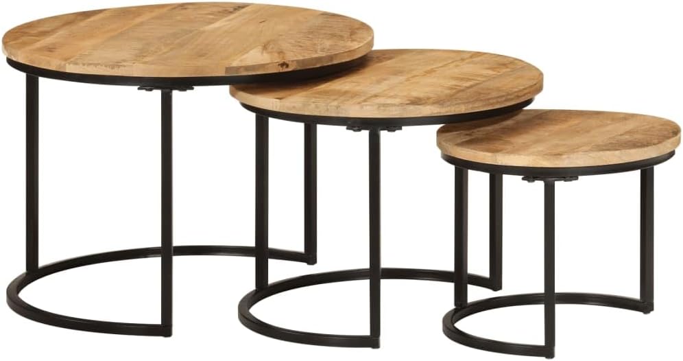 vidaXL Solid Rough Mango Wood Nesting Tables - 3 pcs Set of Round Stacking Coffee Tables with Industrial Design for Living Room, Bedroom, and Office Use