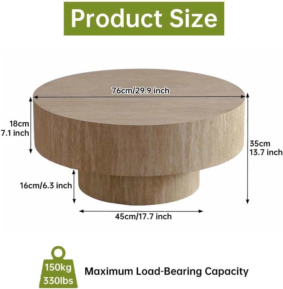 Round Fluted Coffee Table Round Drum Coffee Table for Living Room Modern Circular Pedestal Center Table (Circle Travertine 29.9in)