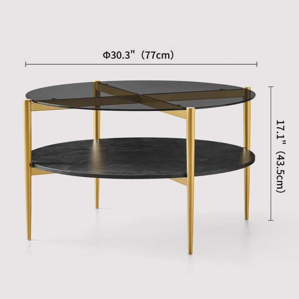 LumFurn Round Coffee Table for Living Room, Mid-Century Modern Design, D30 x H17, 2-Tier Structure, Grey Glass Top and Black Marble Finish Wood Shelf, Sleek Conical Metal Legs with Gold Finish Frame