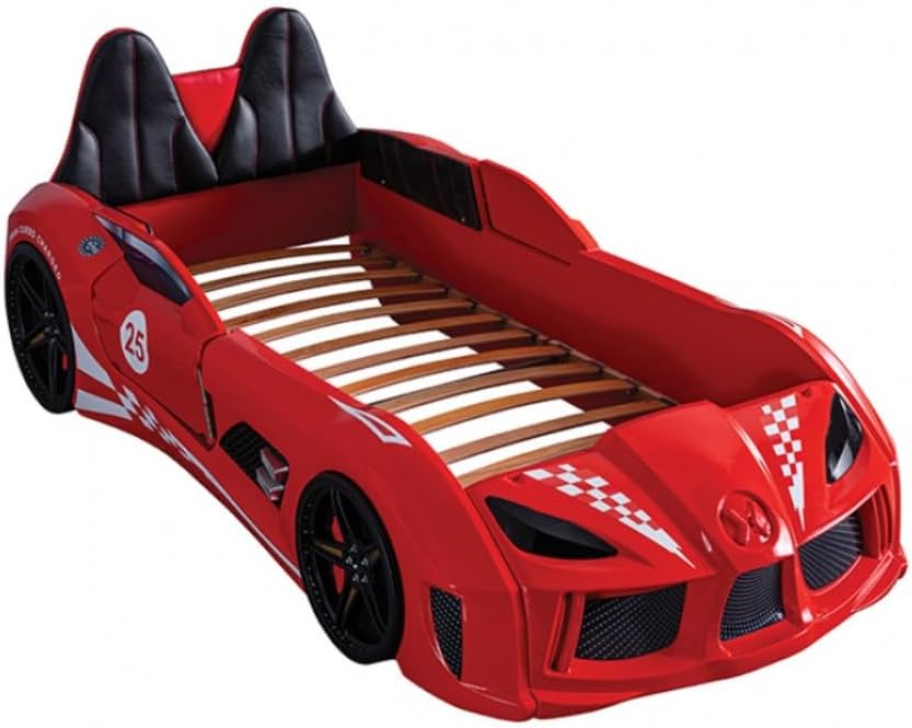 MASARA Race Car Twin Size Bed Frame for Boys with LED Lights, Music Player & Magnetic Doors | Kids Bedroom Furniture, Red