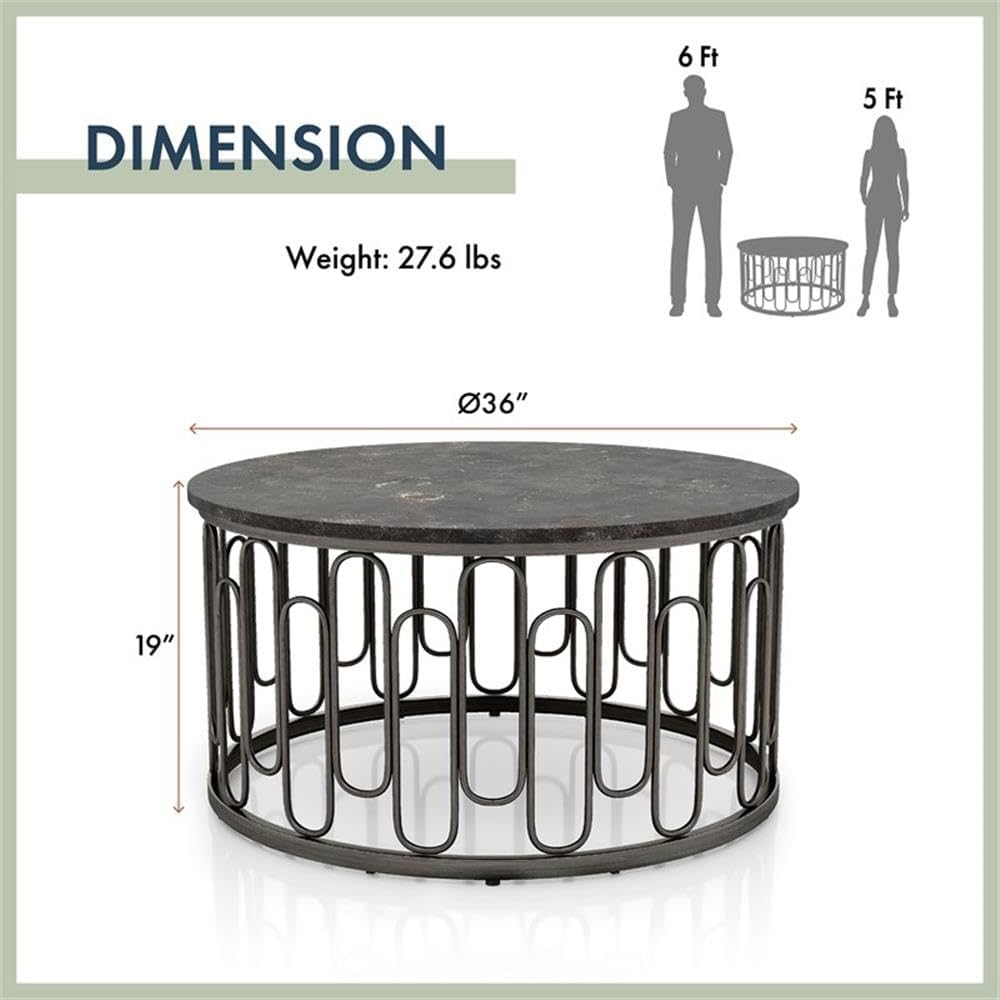 BOWERY HILL Marble and Metal 3-Piece Coffee Table Set, Black Finish, Includes Round Marble Coffee Table 36 in and 2 End Tables 20 in, Sturdy Decorative Iron Base, Contemporary Style Living Room