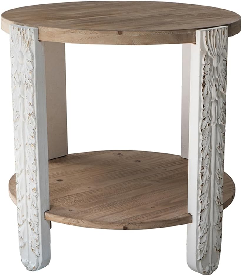 20'' Wood Side Table End Table 2-Tier for Living Room, Modern Contemporary Farmhouse Style for Bedroom, Carved Leg & Easy Assembly, Brown & White