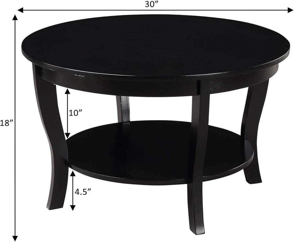 HomeStock Global Greatness Round Coffee Table with Shelf, Wood Finish, Classic Transitional Style Table, Two Tier Spacious Shelving, 30.00 x 30.00 x 18.00 Inch Black