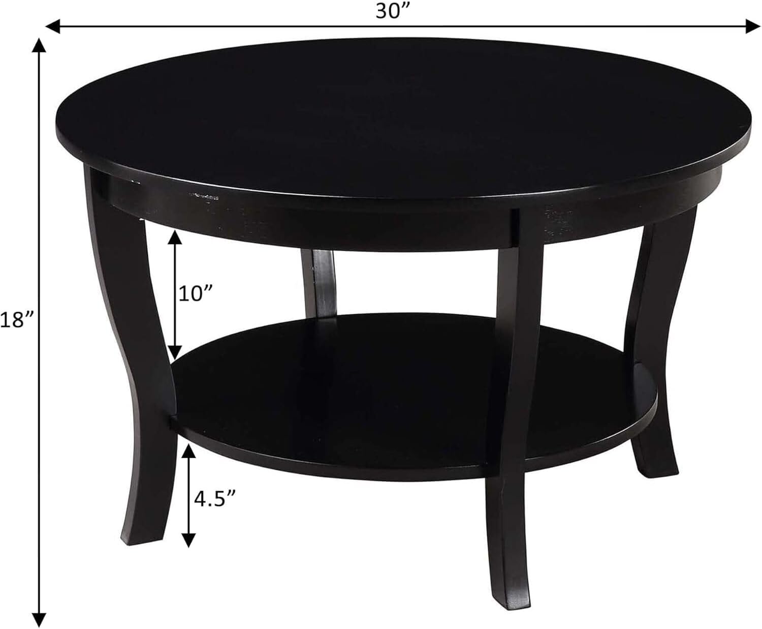 HomeStock Global Greatness Round Coffee Table with Shelf, Wood Finish, Classic Transitional Style Table, Two Tier Spacious Shelving, 30.00 x 30.00 x 18.00 Inch Black