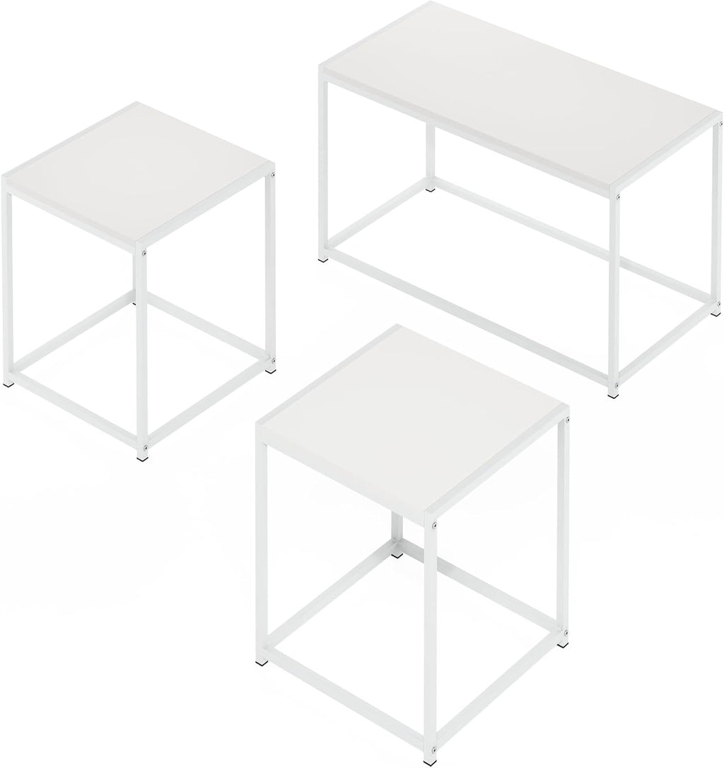 Furinno CAMNUS Living Room Tables Set of 3, Metal Frame 1 Coffee Table + 2 Side Tables, Side Tables Set, White