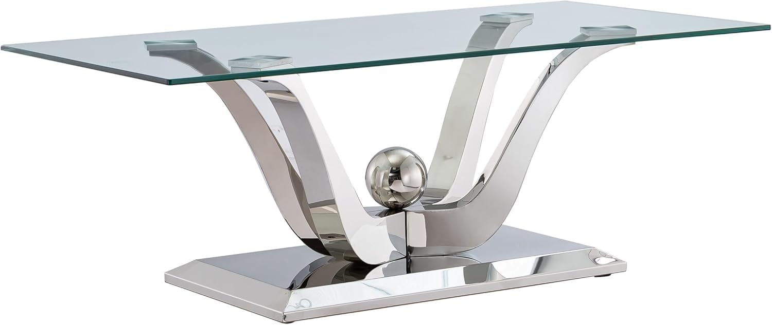 Modern Silver Glass Coffee Table, 47' Rectangle Coffee Table with Tempered Glass Top&Stainless Steel Flower-Shape Base, Luxury Glass Living Room Center Table Accent Cocktail Table for Home Office