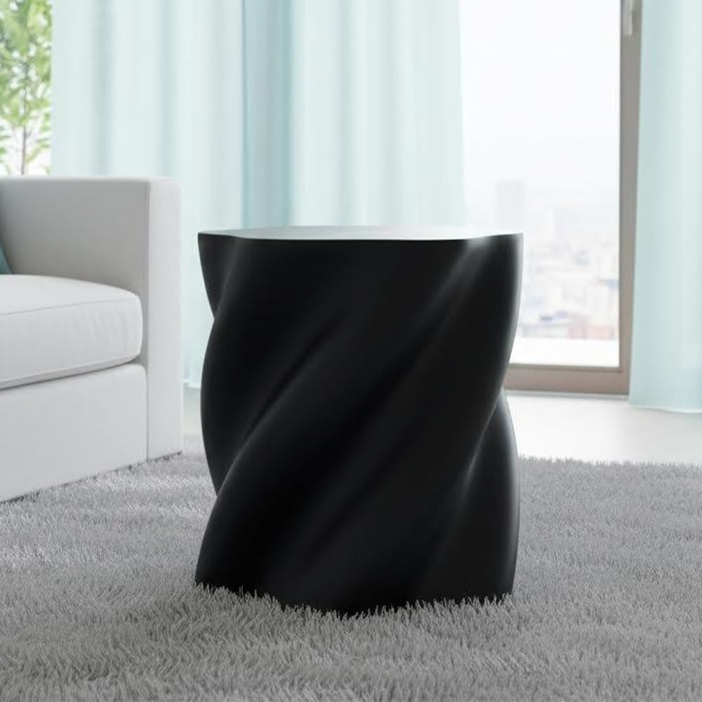 WILLIAMSPACE 17.72' End Table with Flower Shaped, Modern Drum Distorted Small Coffee Table Faux Stone Side Table for Living Room Apartment, Fiberglass, No Assembly (Black)