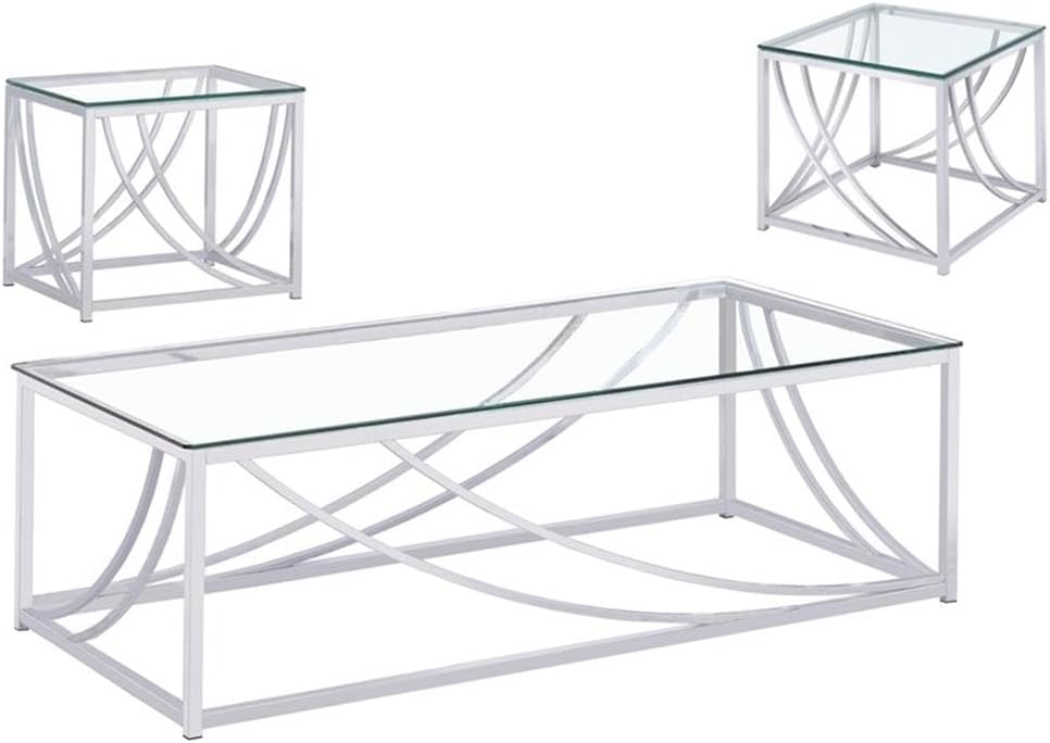 Pemberly Row 3-Piece Glass Coffee and End Table Set, Tempered Glass Top, Chrome-Finished Metal Frame, Sleek Modern Design, Coffee Table 47.25 x 23.5 x 17 in, End Tables 19.75 x 19.75 x 19.25 in