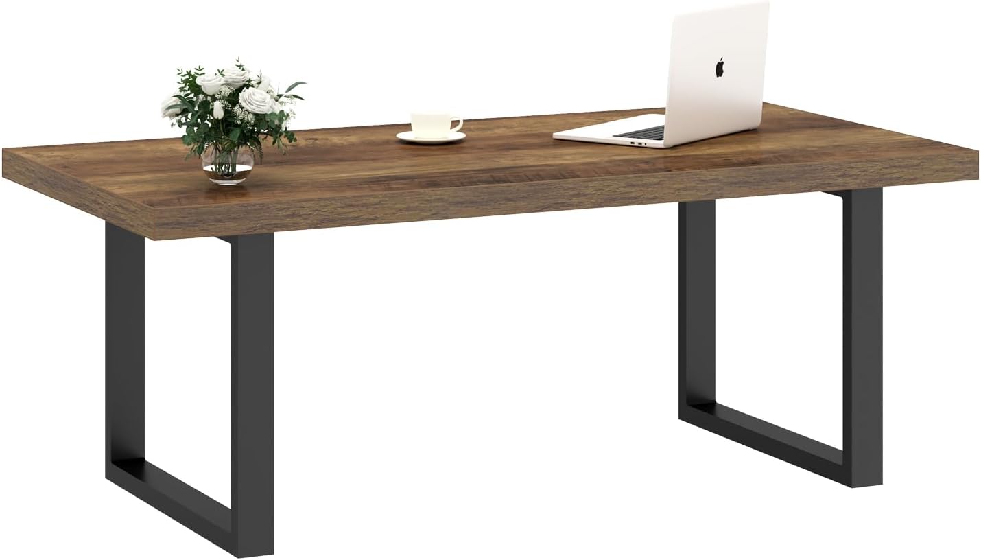 IBF Farmhouse Coffee Table, Modern Coffee Table for Living Room, Simple Industrial Rectangle Center Table, Wood Metal Tea Table for Home Bedroom Office, Rustic Oak, 47 in