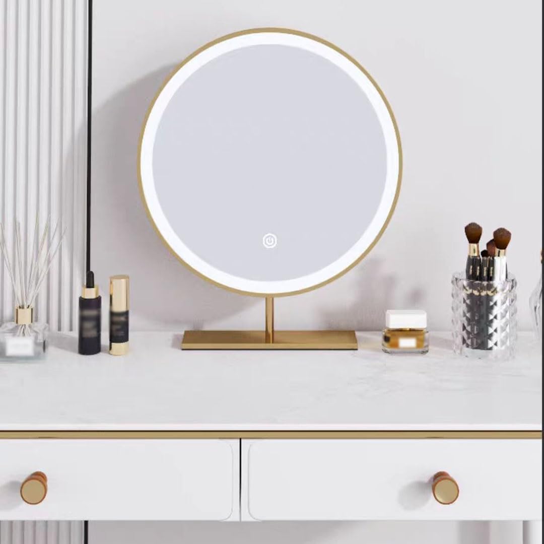 Freestanding Round Vanity Mirror with Led Lights, Bedroom Illuminated Tabletop Mirrors, 3 Color Lighting Stainless Steel Frame Cosmetic Mirror - Touch Switch (Color : Gold, Size : 50x50cm/20, Black