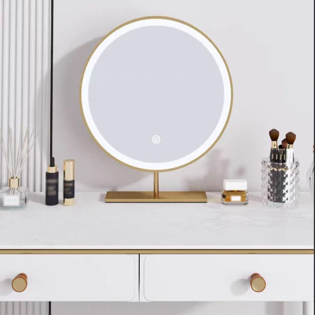 Freestanding Round Vanity Mirror with Led Lights, Bedroom Illuminated Tabletop Mirrors, 3 Color Lighting Stainless Steel Frame Cosmetic Mirror - Touch Switch (Color : Gold, Size : 50x50cm/20