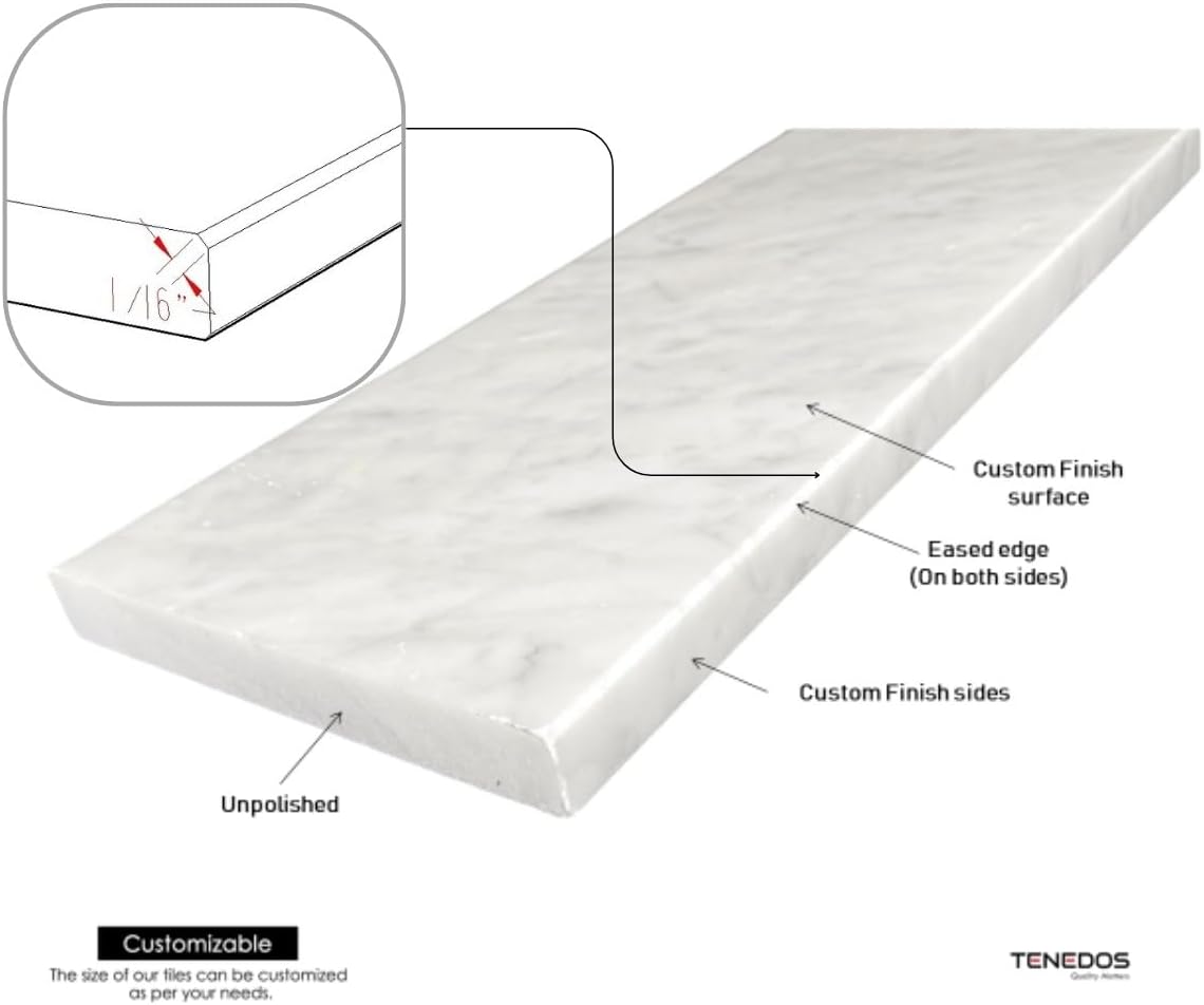 Tenedos Threshold Shower Curb Custom Size and Finish Italian Carrara Marble Doorway Floor Transition Tile Also for Bathroom Vanity Backsplash, Window Sill