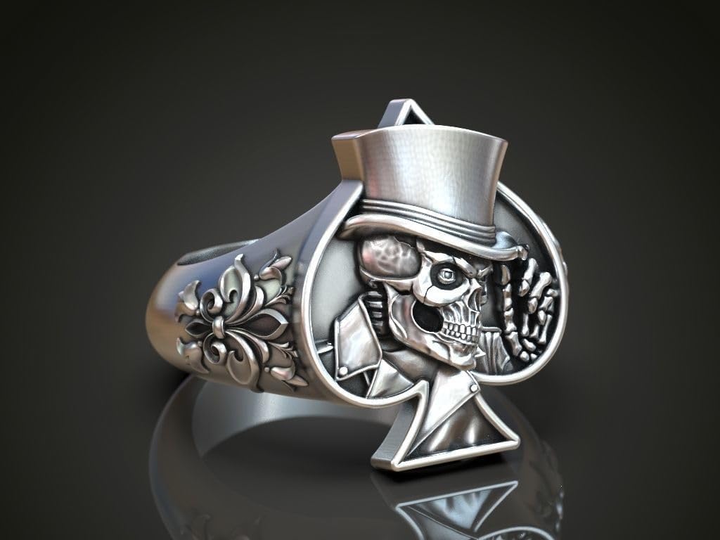 Leaf Art Deco Heraldic Lily Flower Joker Playing Card Spades Skull Ring 14K Gold Plated Gothic Gamblers Men Signet Card Ring Oxidized 925 Sterling Silver Handcrafted Skull Card Spade Ring Gift For Him