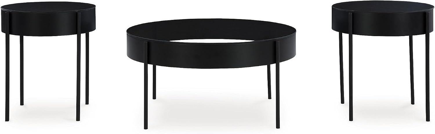 Signature Design by Ashley Ardoline Modern Tempered Glass Tabletop Table Set with 4 Legs, Set of 3, Black