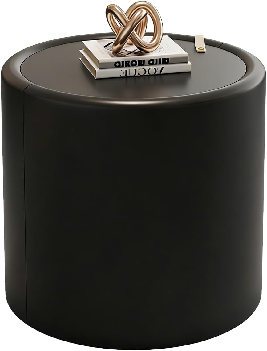 Black Round End Table with Tempered Glass Top, PU Leather Accent Side Table with Hidden Storage, No Assembly Required Modern Coffee Tables for Living Room