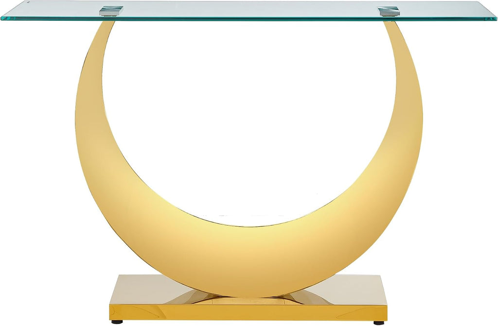 SSLine 1 Piece Living Room Console Table Luxury Glass Entryway Table,Modern Gold Console Table with Half Moon-Shape Stainless Steel Pedestal Base for Living Room Hallway Corridor(1 Console Table)