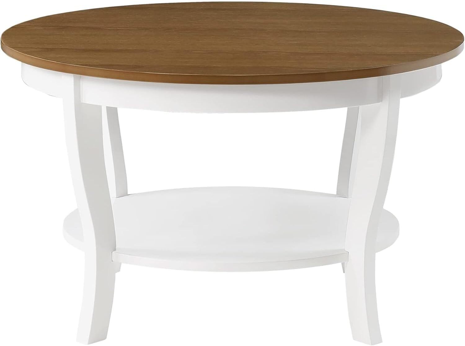 HomeStock Global Greatness Round Coffee Table with Shelf, Wood Finish, Classic Transitional Style Table, Two Tier Spacious Shelving, 30.00 x 30.00 x 18.00 Inch Driftwood and White