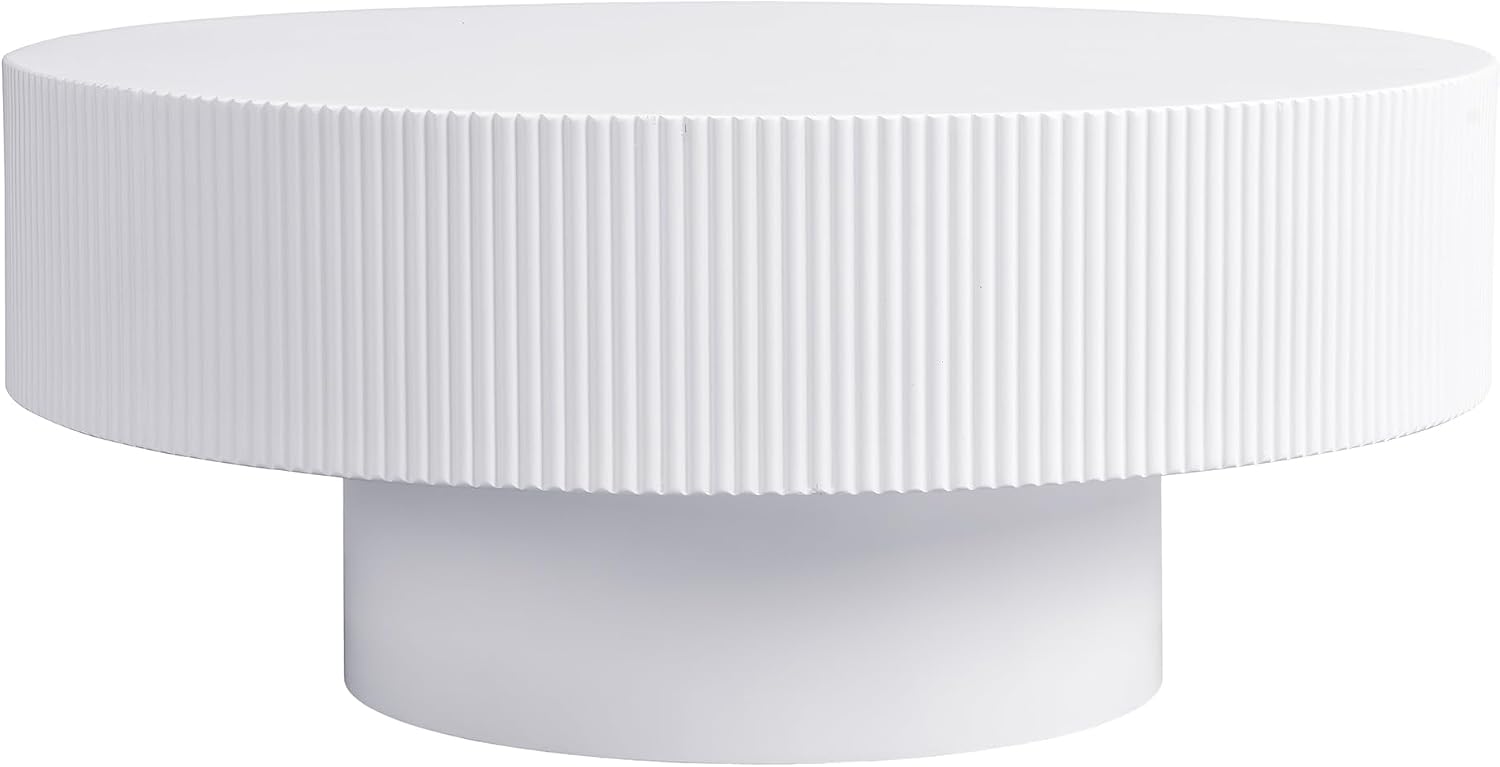 31.5'' White Round Coffee Table Modern Wood Coffee Table for Living Room, Contemporary Circle Fluted Drum Pedestal Style, Easy Assembly, White