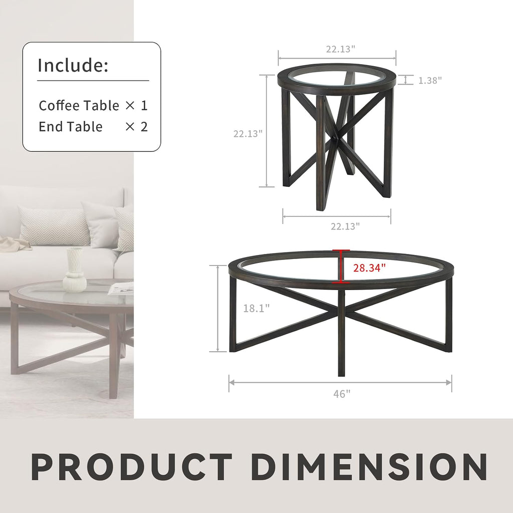3-Piece Round Coffee Table Set, 1 Coffee Table & 2 End Tables with Tempered Glass Top and Solid Wood Base for Living Room Apartment Small Space (Black)