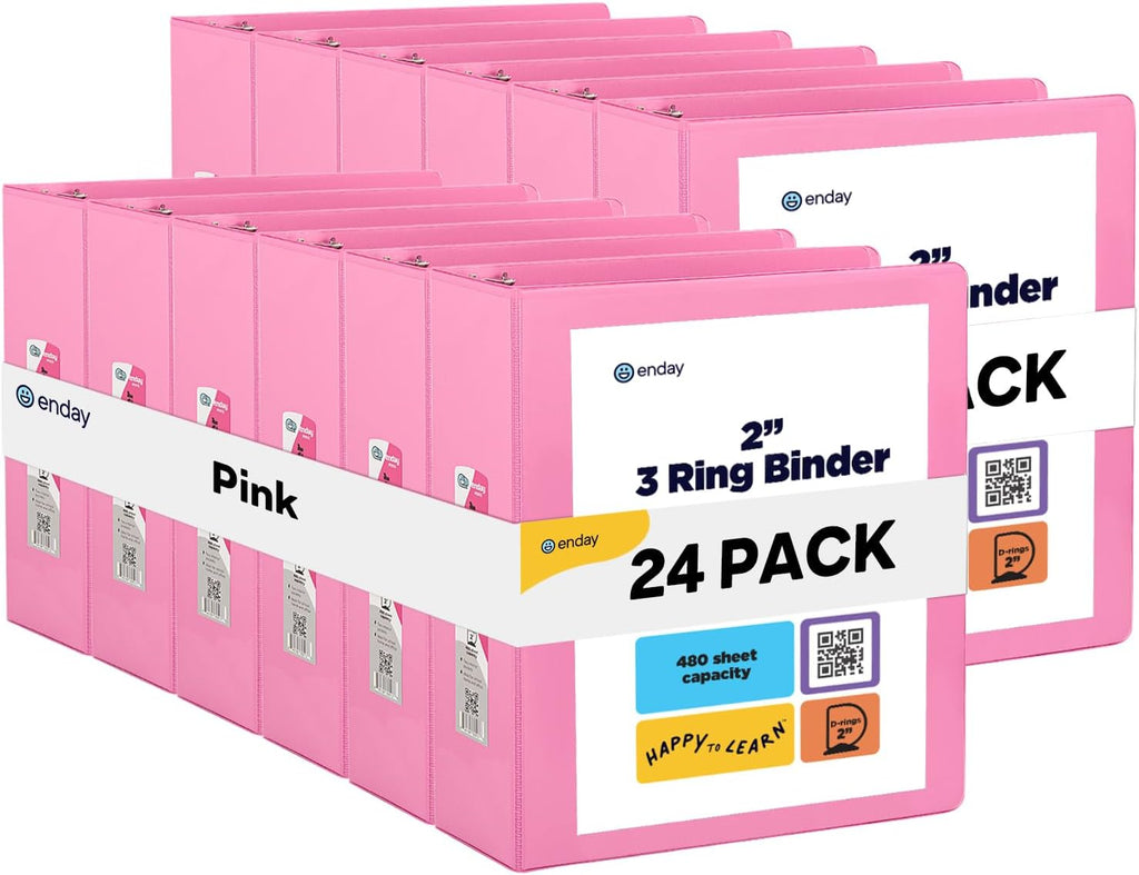 Enday 2 inch 3 Ring Binder (24 Pack - Pink) Binder 2 inch with Clear View Cover and 2 Inside Pocket - for Letter Size 8.5 x 11'' Paper, Ideal for School Supplies, Office, and Home