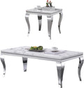 White Marble Coffee Table Set of 2, Modern Faux Marble Coffeee Table and End Side Table, Luxury 2 Piece Living Room Table Set with Silver Stainless Steel S-Shape Legs for Apartment Home Office