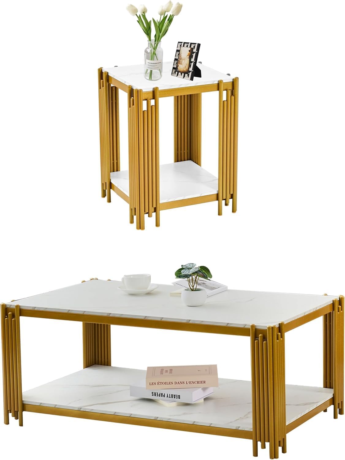 Gold Coffee Table Set of 2, Modern White Faux Marble Coffee Table End Table Set with Gold Metal Frame & Storage Shelf, 2 Piece Living Room Table Set for Apartment Home Office