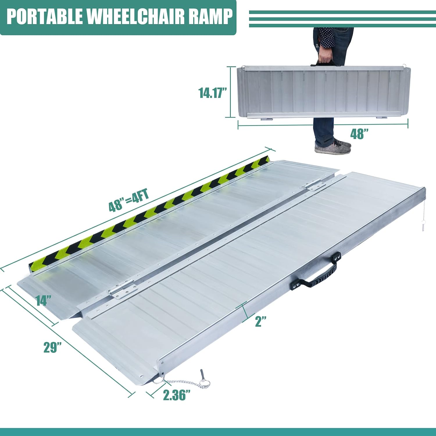 Non-Skid Folding Portable Wheelchair Ramp for Home Steps Stairs Doorways Scooter Lawn Mower, Handicap Ramp, Threshold ramp, Moving ramp (Single, 4 Foot)