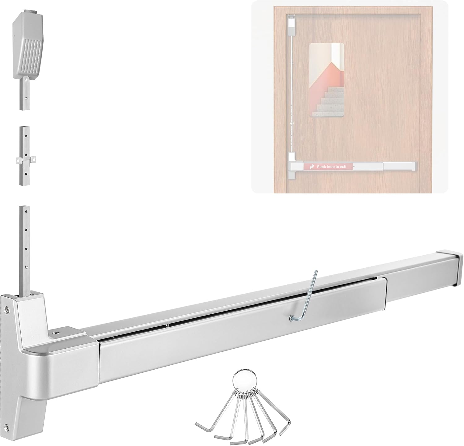 IRONWALLS Surface Vertical Rod Exit Device, 32in Commercial Door Push Bar Panic Device with Single Point Top Latching, Stainless Steel Emergency Exit Panic Bar for 32'-48' (W), 6.7ft-8.1ft (H) Doors
