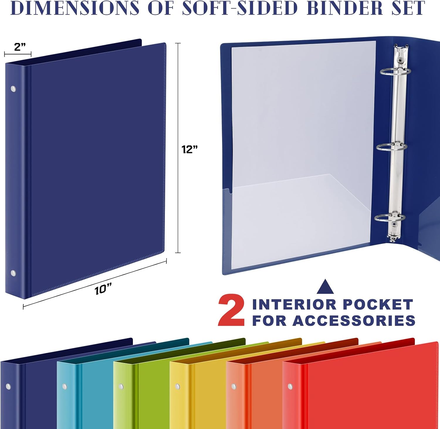 Fulmoon 48 Pack 3 Ring Plastic Binders 2 Inch Bulk with 2 Pockets, Flexible Binder Loose Leaf Hardcover, Fit 12' x 10' US Letter Size Paper, for School Office Home, 6 Colors(Vibrant)