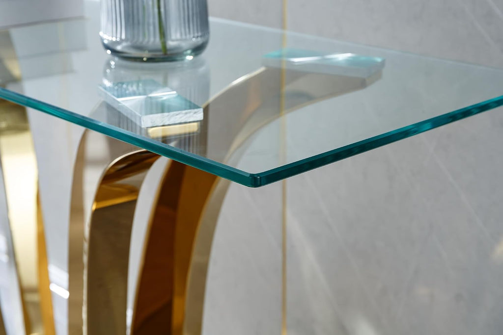 SSLine 1 Piece Living Room Console Table Luxury Glass Entryway Table, Modern Gold Console Table with Flower-Shape Stainless Steel Pedestal Base for Living Room Hallway Corridor(1 Console Table)