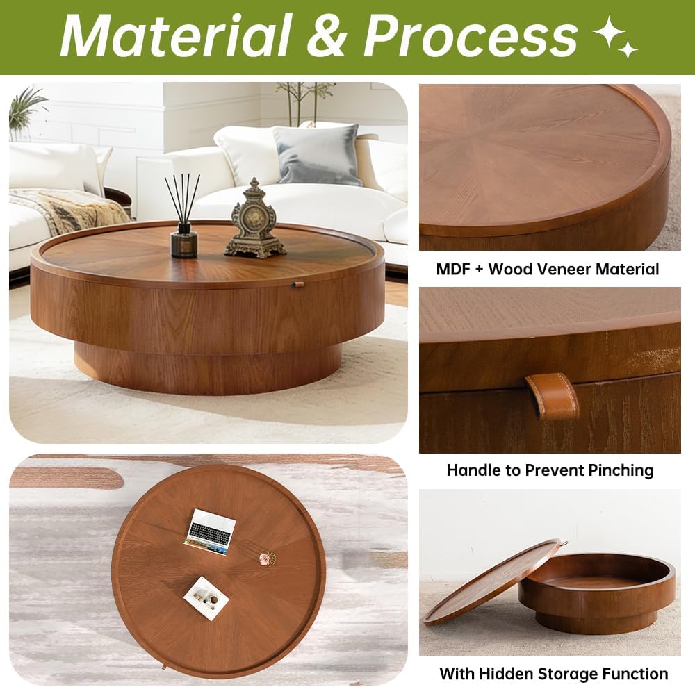 Round Wood Veneer Coffee Table with Storage, 39' Round Fluted Coffee Table with Flip-Top Lid Mid Century Modern Low Circle Drum Coffee Tables for Living Room (Brown A, 39 inch)