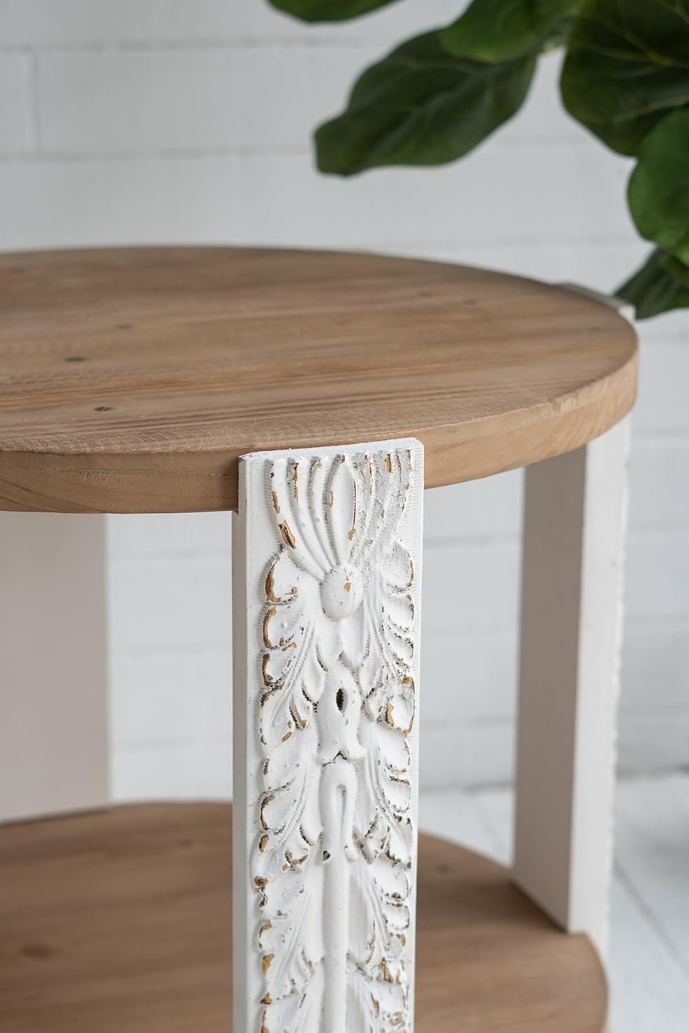 20'' Wood Side Table End Table 2-Tier for Living Room, Modern Contemporary Farmhouse Style for Bedroom, Carved Leg & Easy Assembly, Brown & White