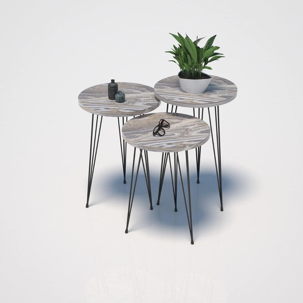 Set of 3 Grey Marble Nesting End Tables Round Wood Stacking Coffee Side Accent Table with Metal Legs for Living Room, Home Office, Nightstands for Bedroom
