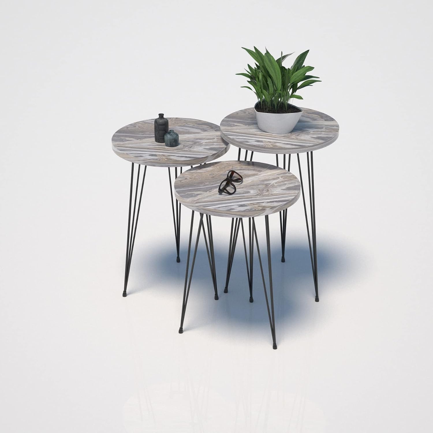Set of 3 Grey Marble Nesting End Tables Round Wood Stacking Coffee Side Accent Table with Metal Legs for Living Room, Home Office, Nightstands for Bedroom