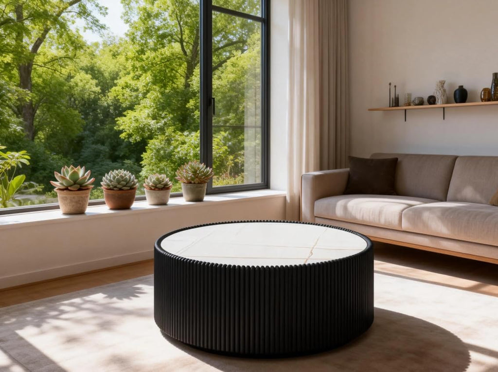 29.5 Inch Gold Pattern Sintered Stone Top & PU Leather Base Cylinder Coffee Table, Modern Drum Shape Side Table, No Assembly Black