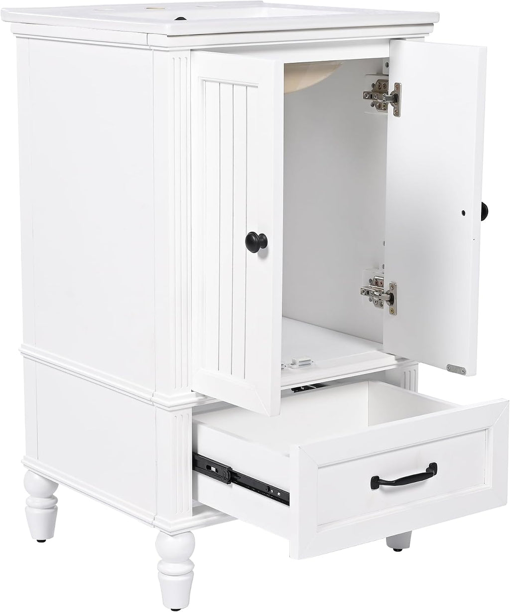 Bathroom Vanity with Sink, 20' Vanity Sink Cabinet with Ceramic Basin, 2 Doors and 1 Drawer, Free Standing Bathroom Storage Cabinet with Sink Combo Set, White