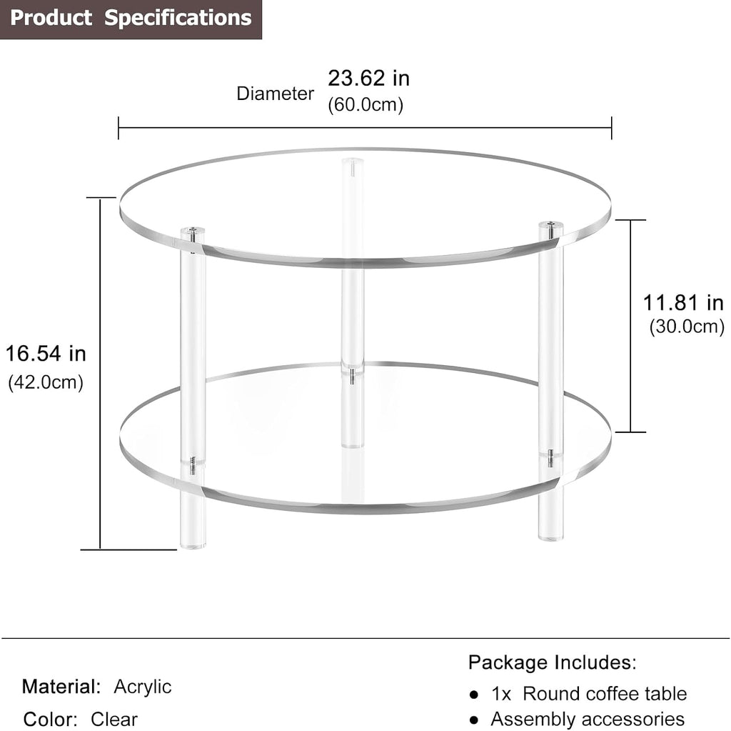 Acrylic Round Coffee Table, 23.6' Wide Modern Tea Table with Storage Shelf, 2-Tier Circle Center Table for Living Room, Office Reception and Apartment (Clear)