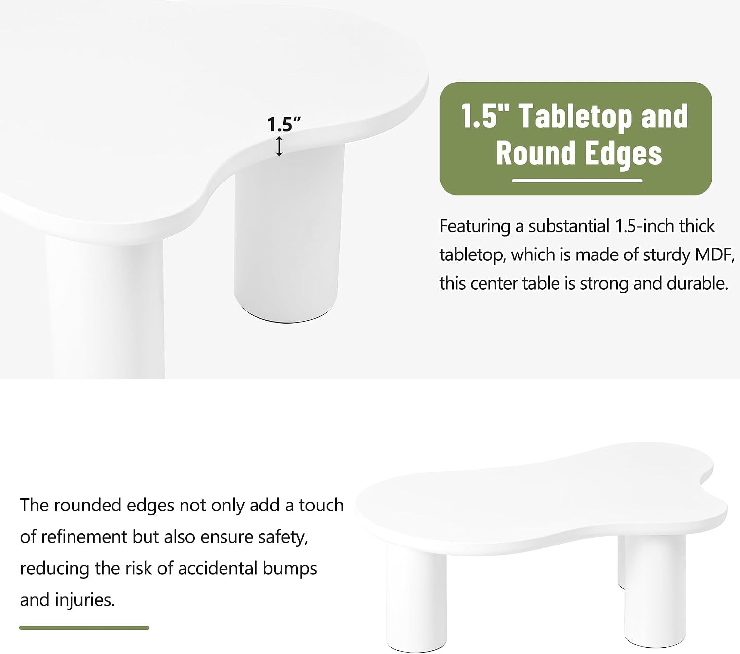 Merax 44' W Irregular Cloud Style White Coffee Table with 1.5' Thickness Tabletop, Wooden End Table Center Table with Round Edge and 3 Sturdy Legs for Living Room or Bedroom