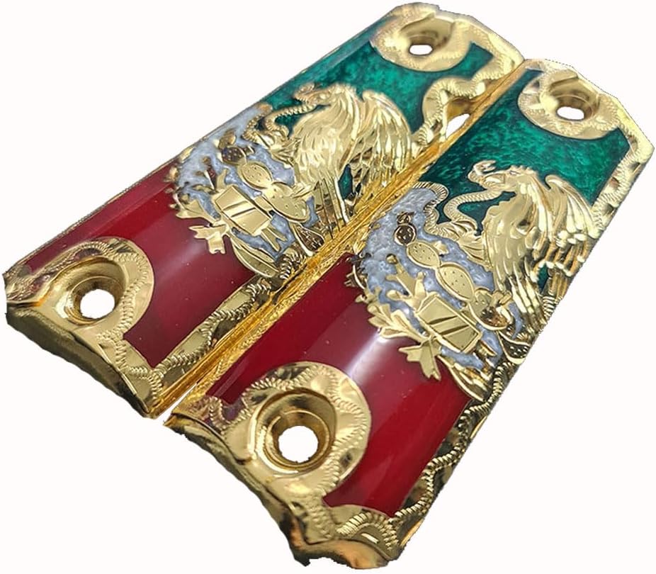 Grips for Colt 1911 Gun Mexican Eagle with 24k Gold Plated and Red, White, Green Resin Includes Screws