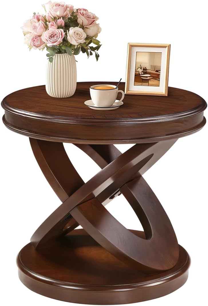 LKTART Round Wood End Tables for Living Room 22 Inch, X-Shaped Walnut Small Sofa Side Table, Vintage End Table for Small Space, Easy to Install(Walnut,22 Inch)