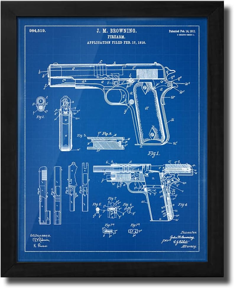 Personal-Prints Firearm Patent Art | Vintage Wall Art, Office, Bedroom Decor | 2nd Amendment & Choice of Unique Gun Art Gifts | USA Made (2 Piece Set, Blueprint, 13'x16' Framed Paper Print)